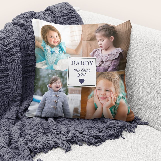 Modern Photo Collage Pappa Kudde (Cute custom photo collage "Daddy We Love You" throw pillow.)