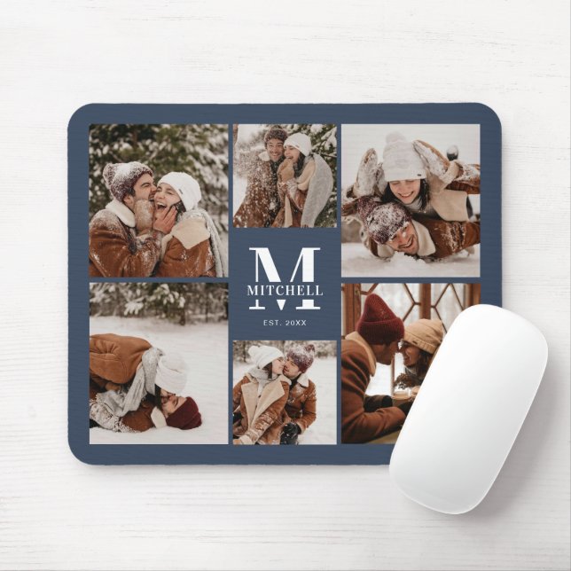 Modern Photo Collage Personlig Monogram Navy Musmatta (Med mus)