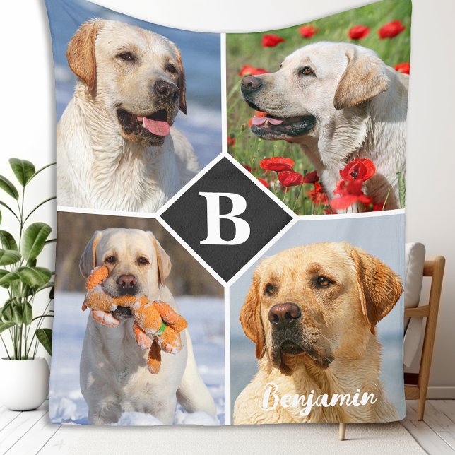 Modern Photo Collage Pet Hund Personlig Monogram Fleecefilt (Skapare uppladdad)