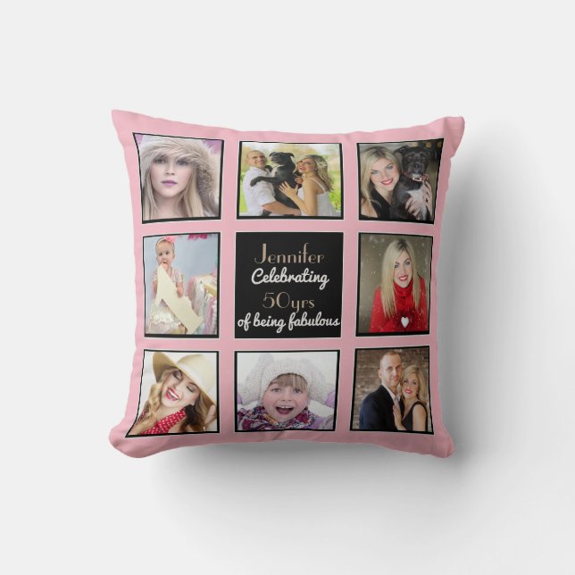 Modern Photo Collage Pillow Birthday Rosa Kudde (Framsida)