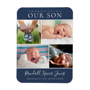 Modern Photo Collage Pojke Announcement Blue Magnet