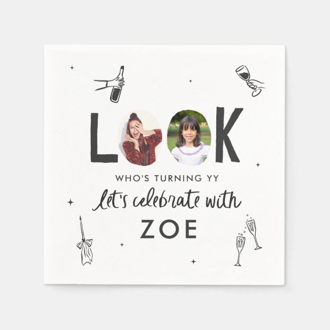 Modern Photo Collage Roligt Hand Drawn Birthday Pappersservett (Framsidan)