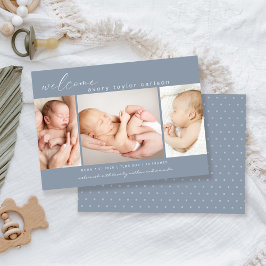 Modern Photo Collage Simple Script Blue Birth Meddelande