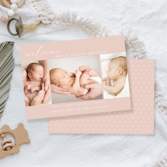 Modern Photo Collage Simple Script Rosa Birth Meddelande (Skapare uppladdad)