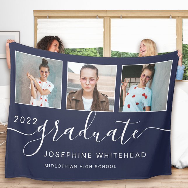 Modern Photo Collage Student marinblått Fleecefilt (Elegant hand lettering photo collage graduation celebration blanket that you can personalize.)