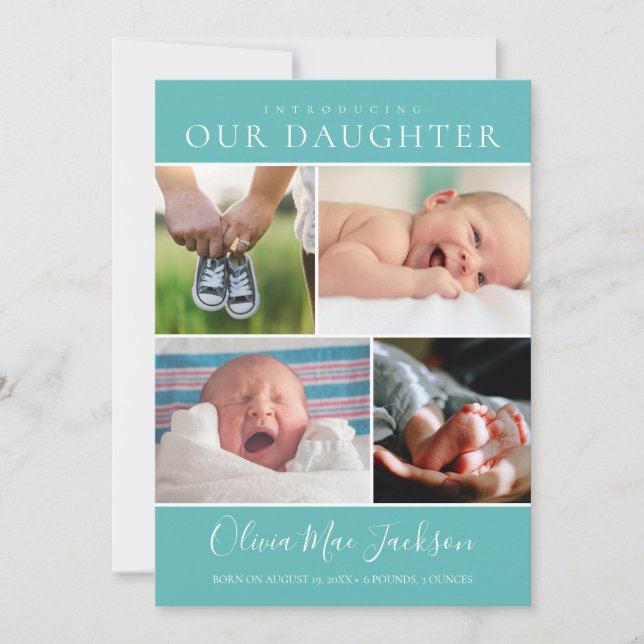 Modern Photo Collage Teal Flicka Birth Meddelande (Framsida)