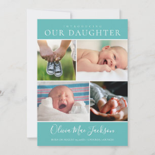 Modern Photo Collage Teal Flicka Birth Meddelande
