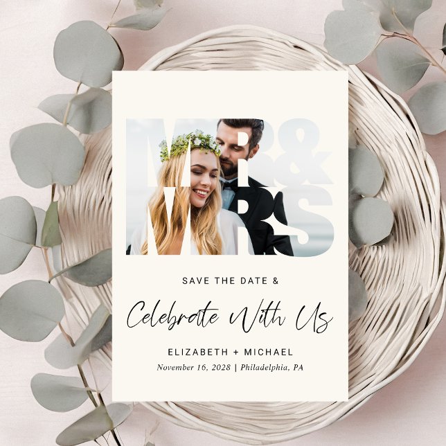 Modern Photo Cream-bröllopsmottagning Spara Datumet (A chic Save The Date photo announcement for a post-wedding reception to celebrate your marriage)