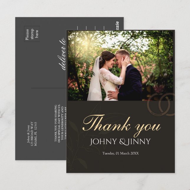 Modern photo customizable black  wedding  vykort (Fram/baksida)