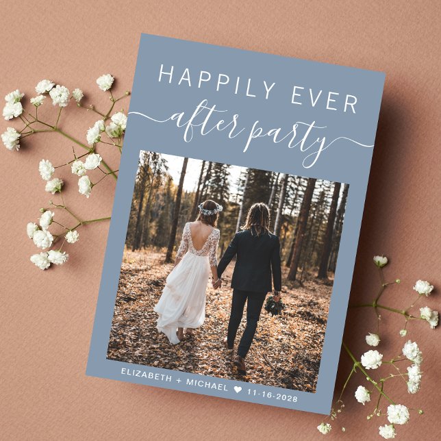 Modern Photo Dusty Blue Wedding Reception Meddelande (An chic Happily Ever After Party Invitation to set the tone for an unforgettable event)