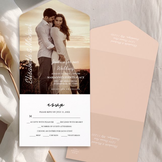 Modern Photo Elegant Peach Bröllop (Simplify your wedding with our all-in-one invitation – convenience and beauty in a single card.)