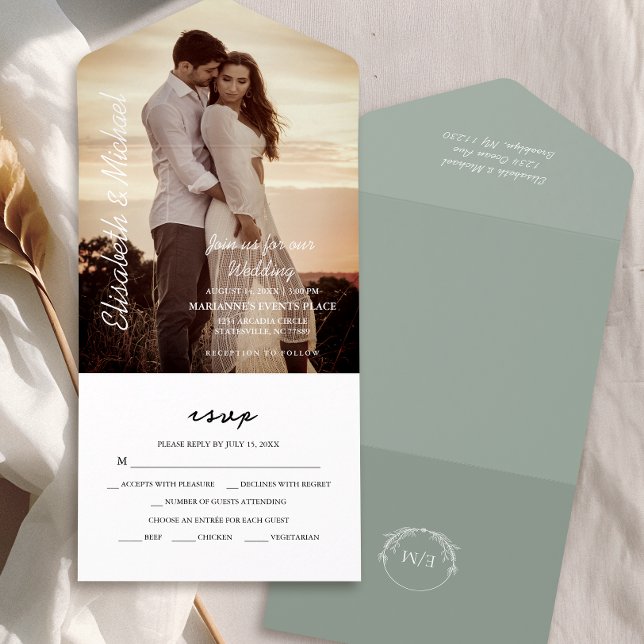 Modern Photo Elegant Sage Grönt Bröllop (Simplify your wedding with our all-in-one invitation – convenience and beauty in a single card.)