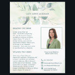 Modern Photo Eucalyptus Elegant Rustic Flyer<br><div class="desc">Affärsflygare för elegant med ditt namn mellan en övre och grund gräns av eukalyptus löv och grön med en blå nyans över en pastellfärgad tvätta. Använda mallen för att lägga till foton och biografer. Den här stil-flygaren är underbar för att en ny riktig gods agent/verkstad ska kunna passera som introduktion/brev...</div>
