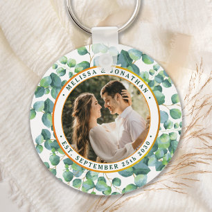 Modern Photo Eucalyptus Greenery Guld Bröllop Nyckelring