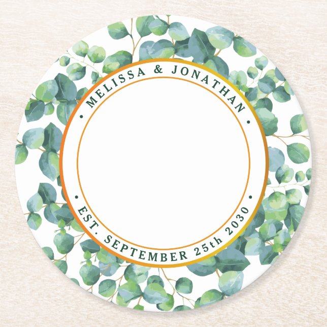 Modern Photo Eucalyptus Greenery Guld Bröllop Underlägg Papper Rund (Framsidan)