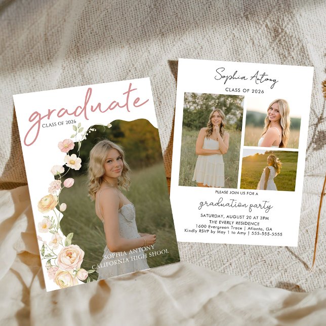 Modern Photo Floral Graduation Party Invitation Inbjudningar (Skapare uppladdad)