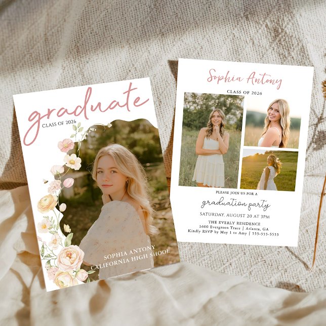 Modern Photo Floral Graduation Party Invitation Inbjudningar (Skapare uppladdad)