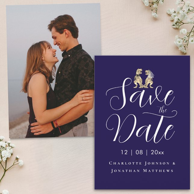 Modern Photo Funny Dinosaur Bröllop Spara Datumet (Modern photo dinosaur theme wedding save the date elegant script navy blue and white invitation)