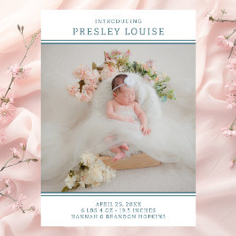 Modern Photo Girl Teal Birth-annonsering Inbjudningar