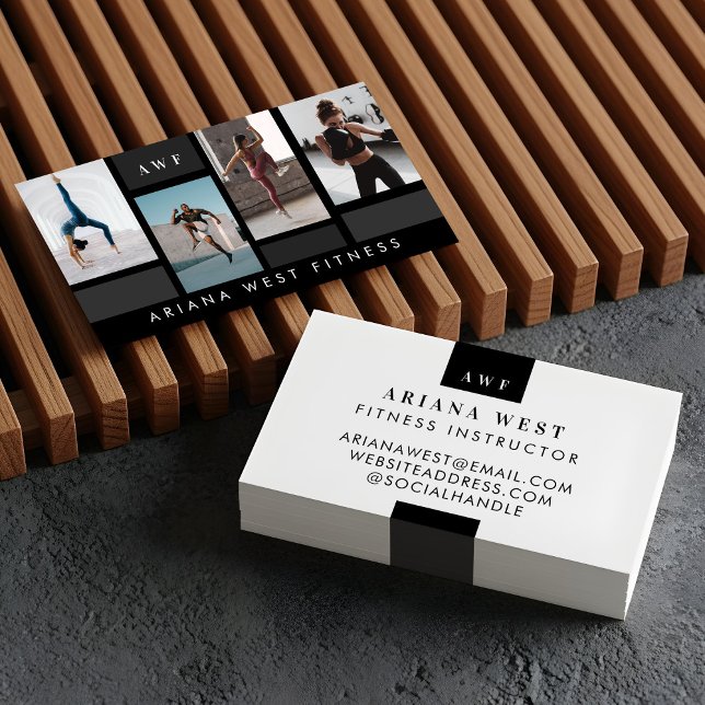 Modern Photo Grid Personal Trainer Fitness Coach Visitkort (Modern Four Photo Collage Personal Trainer Fitness Business Card)