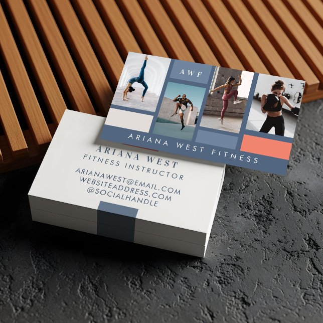 Modern Photo Grid Personal Trainer Fitness Coach Visitkort (Modern Four Photo Collage Personal Trainer Fitness Business Card)