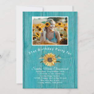 Modern Photo Gult Solros Teal Blue wood 21:a Inbjudningar