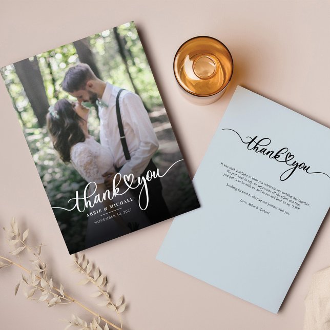 Modern Photo Hand-Lettered Bröllop Tack Anteckningskort (Modern Wedding Photo Guests Thank You Script Handwritten Card)