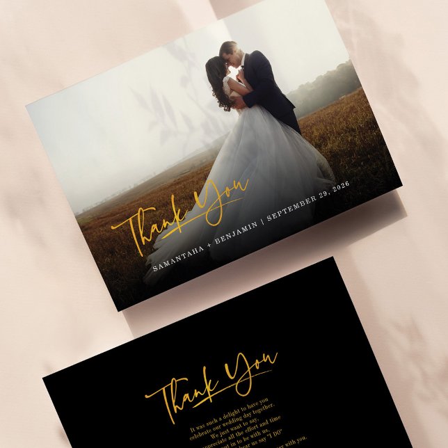 Modern Photo Hand-Lettered Script Bröllop Tack Kort (Newlyweds Photo Script Thank You Card)