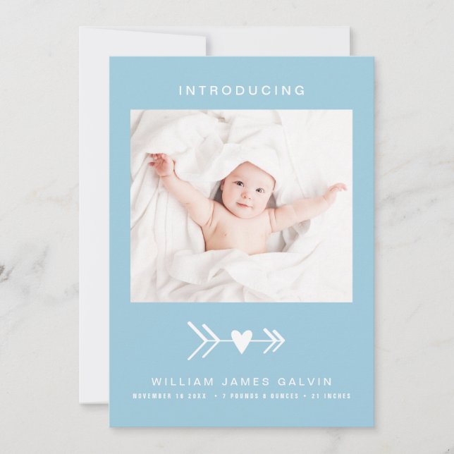 Modern Photo Heart Arrow Blue Pojke Birth Meddelande (Framsida)