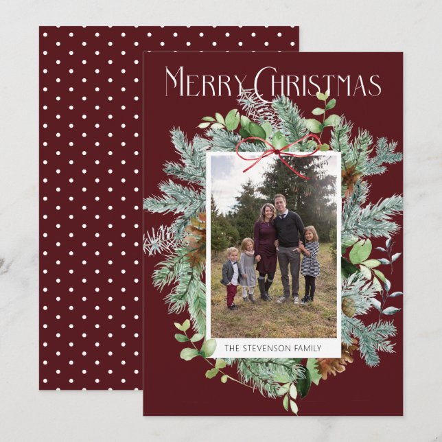 Modern Photo Jul Burgundy Greeting Card (Fram/baksida)