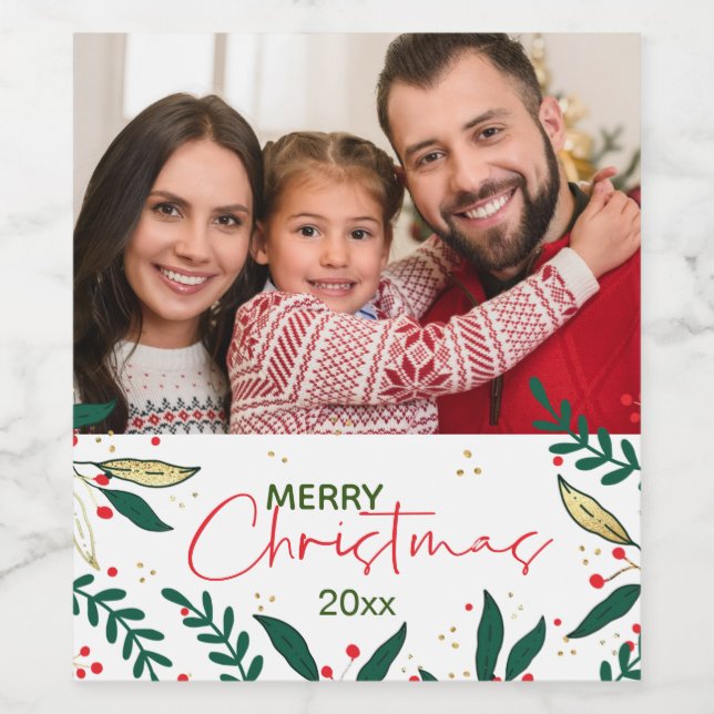 Modern Photo jul Red Grönt Guld Greenery Vinflaska Etikett (Singel etikett)