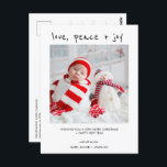 Modern Photo Kärlek Peace Joy jul-vykort Vykort<br><div class="desc">Modern Photo Kärlek Peace Joy jul-vykort Modern jul-vykort hälsning med ett modernt redigerbart handskrivet rubrikteckensnitt,  ett enda foto och en svart text. Den längre julen hälsning visas på baksidan. Detta moderna vykort från hälsning på julafton är ett sött sätt att sända ert julmeddelande till nära och kära vid jul.</div>