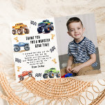 Modern Photo | Kids Monster Lastbilar Födelsedagsf Tack Kort<br><div class="desc">Lägg märke till alla små party djur! Få redot att ändra roligten med vårt "BOOM, CLASH ITS A MONSTER LASTBIL BASH", barndagsmorgonster Car Lastbilar tack vare ditt kort. Ett foto med en vacker monsterbil lastbilar, ett foto, detta moderna typografiskt skript som tackar dig för att du gått med in på...</div>
