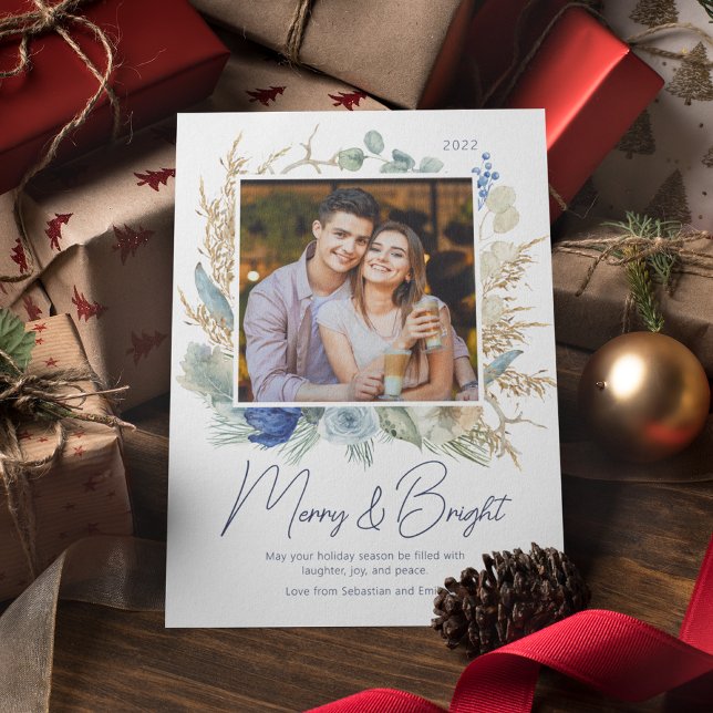 Modern Photo Merry & Bright Script Boho Blommigt (Skapare uppladdad)