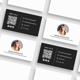 Modern Photo Minimalist QR Code Social Media Black Visitkort