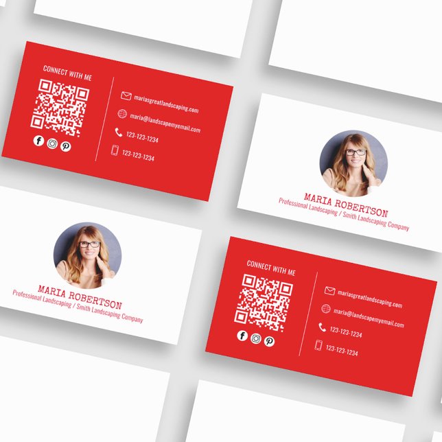 Modern Photo Minimalist QR Code Social Media Red Visitkort (And coordinating red and white background on the back. )