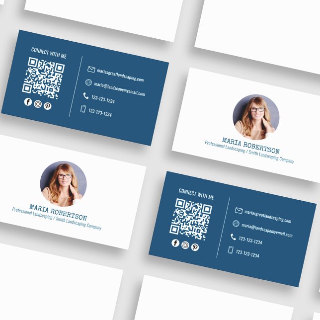Modern Photo Minimalist QR Code Social Media Visitkort (Simple and minimalist blue and white business card. )