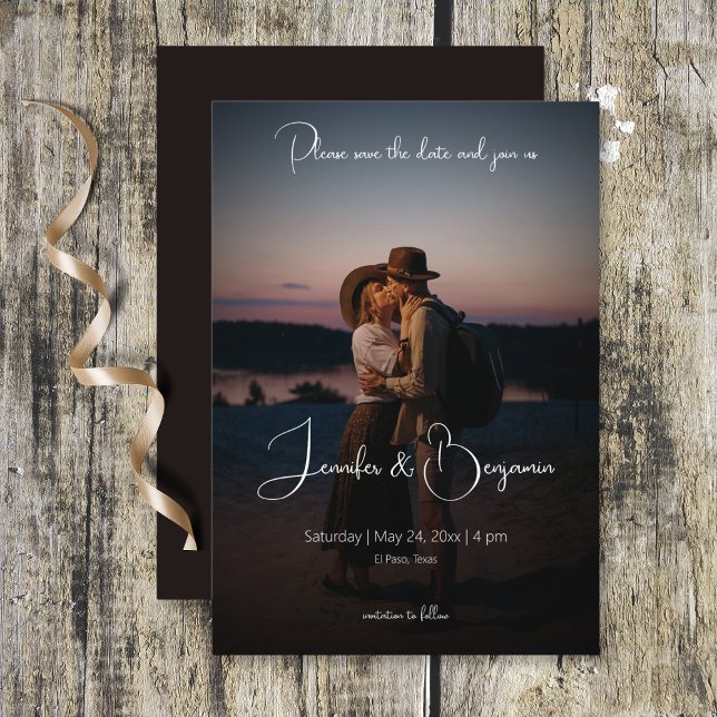 Modern Photo Mörk - minimalt Bröllop Spara Datumet (Modern Photo Dark Minimal Wedding Save the Date Card)