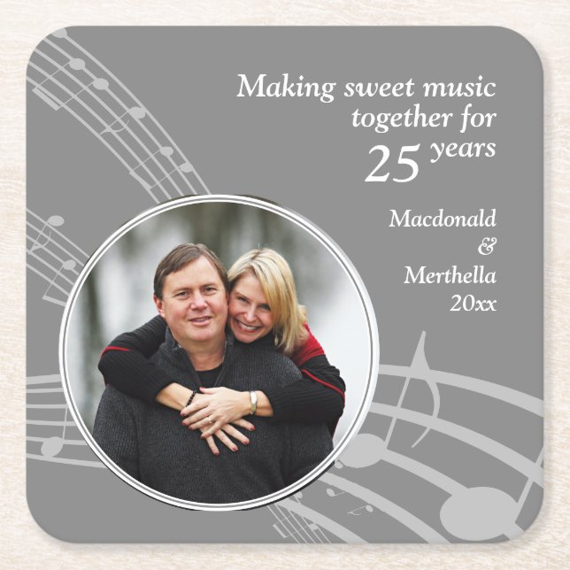 Modern Photo MUSIC 25:e årsdagen Silver Bröllop Underlägg Papper Kvadrat (Framsidan)