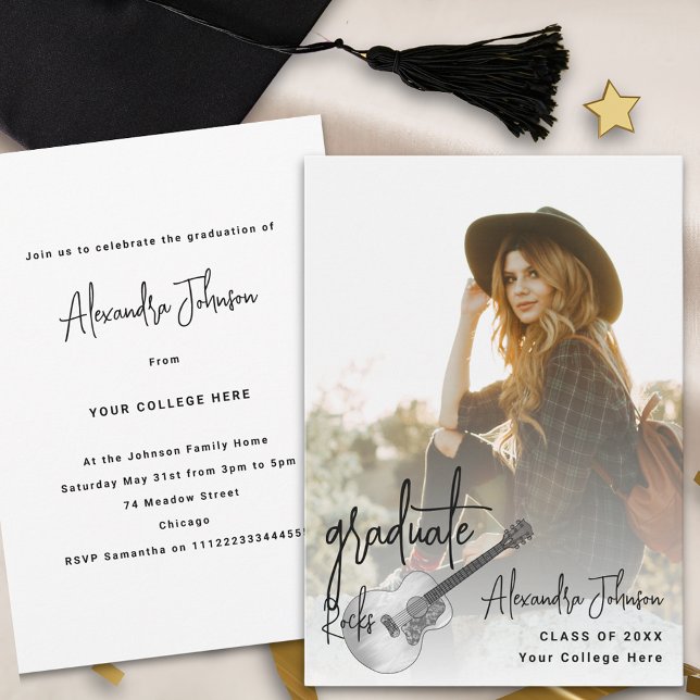 Modern Photo Music-Studentfest Inbjudningar (Modern trendy vertical photo Graduation announcement party invitation rustic country music guitar)
