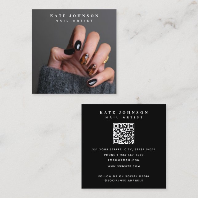 Modern Photo Nail Artist Beauty Salon QR-kod Fyrkantigt Visitkort (Fram/baksida)