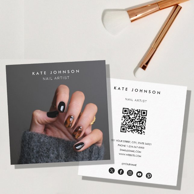 Modern Photo Nail Artist Beauty Salon QR-kod Fyrkantigt Visitkort (Modern Photo Nail Artist Beauty Salon QR Code Square Business Card)