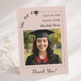 Modern photo pink neutral Graduation She did it Tack Kort