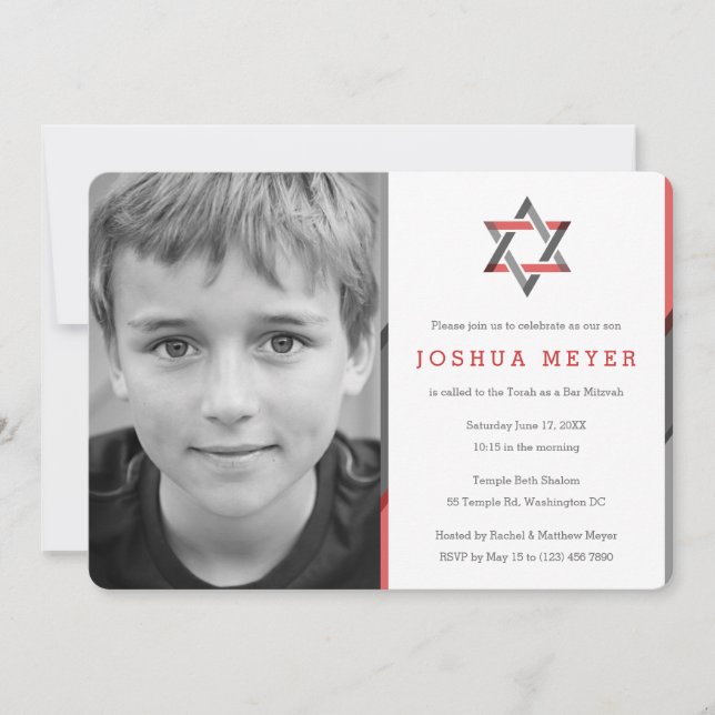 Modern Photo Pub Mitzvah-inbjudan | Röd + svart Inbjudningar (Framsida)