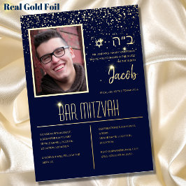 Modern PHOTO Pub Mitzvah med HEBREW Blue Guld