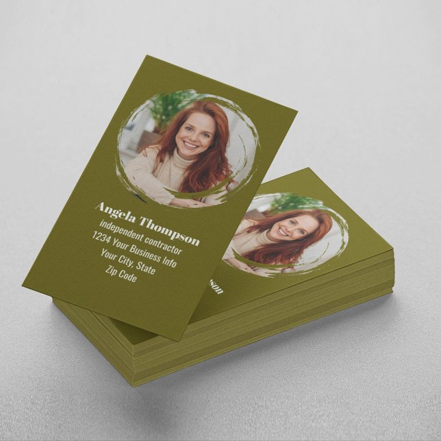 Modern Photo QR Code Custom Green Visitkort (Business card with photo template.)