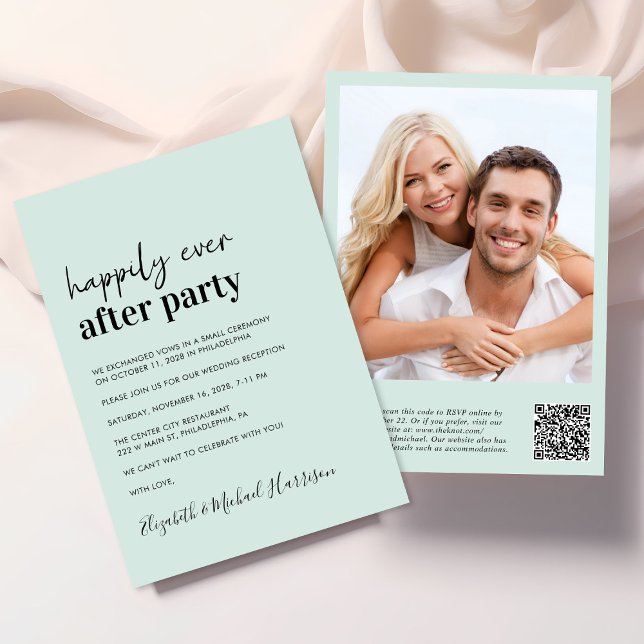 Modern Photo QR Code Mint Wedding Reception Inbjudningar (An chic Happily Ever After Party all-in-one invitation for your wedding celebration)
