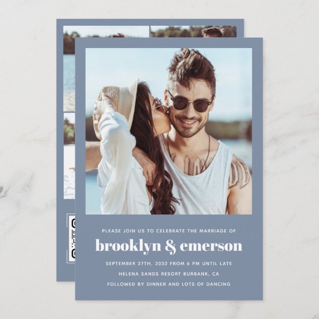 Modern Photo QR-kod Dusty Blue Bröllop Inbjudningar (Fram/baksida)