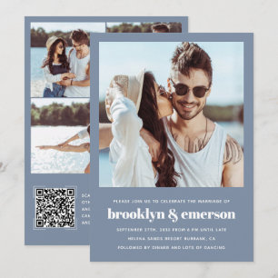 Modern Photo QR-kod Dusty Blue Bröllop Inbjudningar
