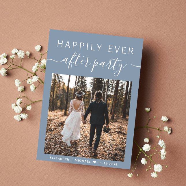 Modern Photo QR-kod - Dusty Blue Wedding Reception Meddelande (An chic Happily Ever After Party Invitation to set the tone for an unforgettable event)